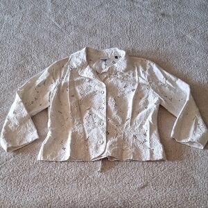 CAbi White Floral Lace Button Down Shirt